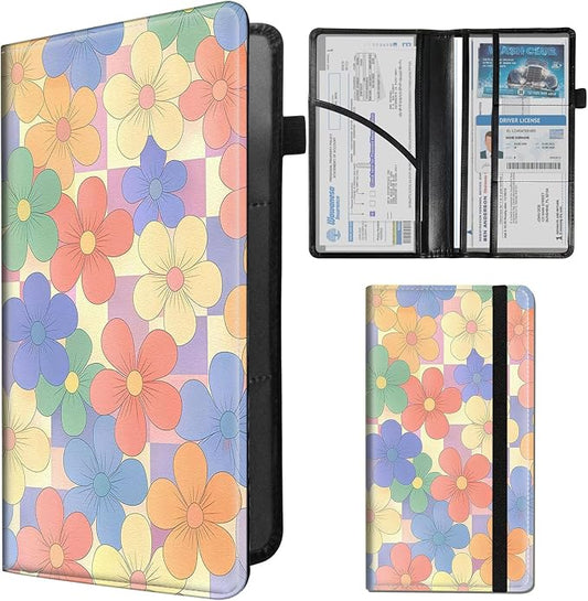 Car Registration and Insurance Holder,PU Leather Car License Document Insurance and Registration Card Holder Men Women Vehicle Glove Box Organizer Auto Accessories-Retro 70s Floral Checkered