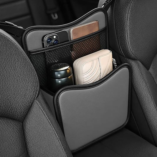 Car Organizer Storage Between Seats, Car Purse Holder, Nappa Leather Front Seat Storage Bag with Tissue Holder, Large Capacity Auto Console Organizer for Document Phone Wallet Snack (White)