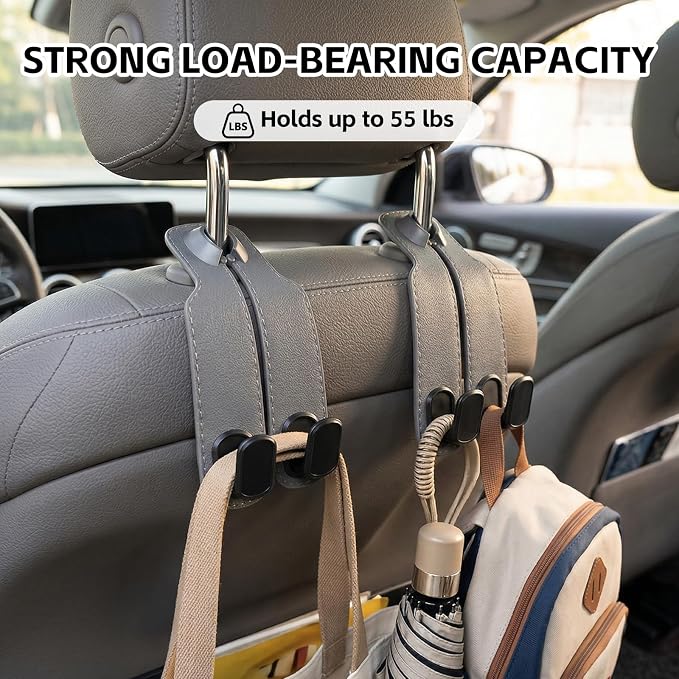 Car Seat Headrest Hooks for Purses and Bags, 4-Pack Heavy Duty Car Seat Hooks with Anti-Slip Pad, Universal Car Backseat Organizer Hanger Accessories for Grocery Bags (Grey)