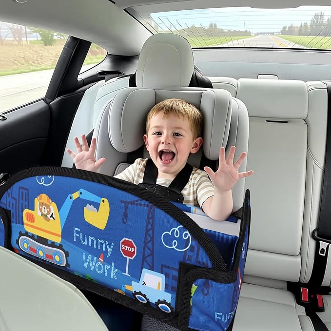 Kids Travel Tray for Airplane - Toddler Car Seat Table Tray, Road Trip Essentials for Boys & Girls, Carseat Lap Desk for Kids Road Trip Activities (Dark Blue Car)