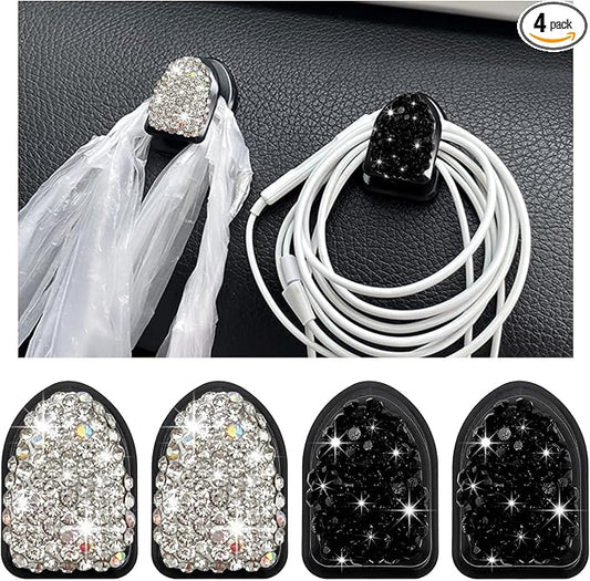 Yourkar 4PCS Bling Car Mini Hooks, Multifunctional Adhesive Small Auto Storage Hook for Key Cable Mask, Crystal Rhinestone Dashboard Hanging Hook, Interior Decor Car Accessories (Black+White)