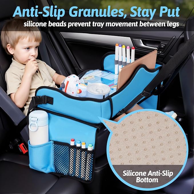 Kids Travel Tray for Car, Boy's Safety Seat Table, Carseat Lap Desk | Weight-Relief Strap, Non-Skid Silicone Base, Waterproof Dining/Craft Mat