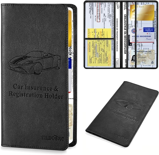 TILDOSAC Leather Car Registration and Insurance Card Holder, Car Document Holder for Cards License with Magnetic Shut (Black, large)