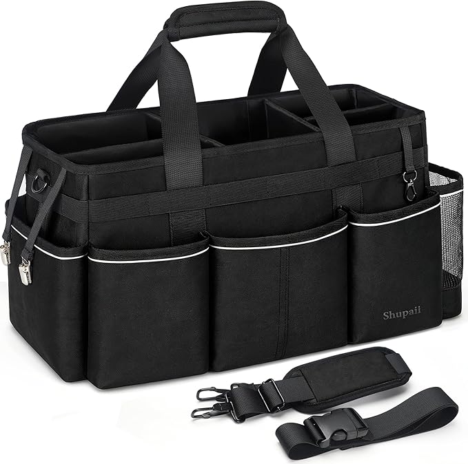 Extra Large Cleaning Caddy Bag with 4 Foldable Dividers, Wearable Cleaning Caddy Organizer with Handle & Shoulder Strap & Waist Strap, Housekeeping Tote for Cleaners, Black