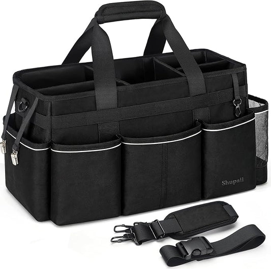 Extra Large Cleaning Caddy Bag with 4 Foldable Dividers, Wearable Cleaning Caddy Organizer with Handle & Shoulder Strap & Waist Strap, Housekeeping Tote for Cleaners, Black