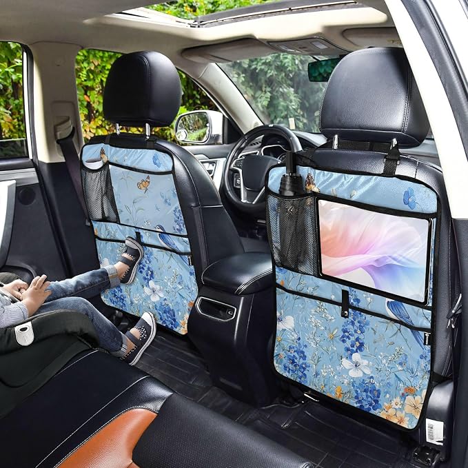 Light Blue Floral Bluebonnet Butterflies 1 Pack Backseat Car Organizer with Storage Pockets Seat Back Organizers for Kids Kick Mats Backseat Protector Automotive