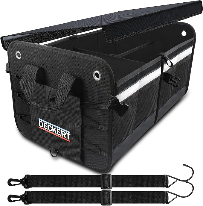Deckert 61L Car SUV Trunk Organizer, 600D Oxford Polyester, Collapsible, Multi compartments, Securing straps, Suitable for any car type, Black with Reflective Stripes