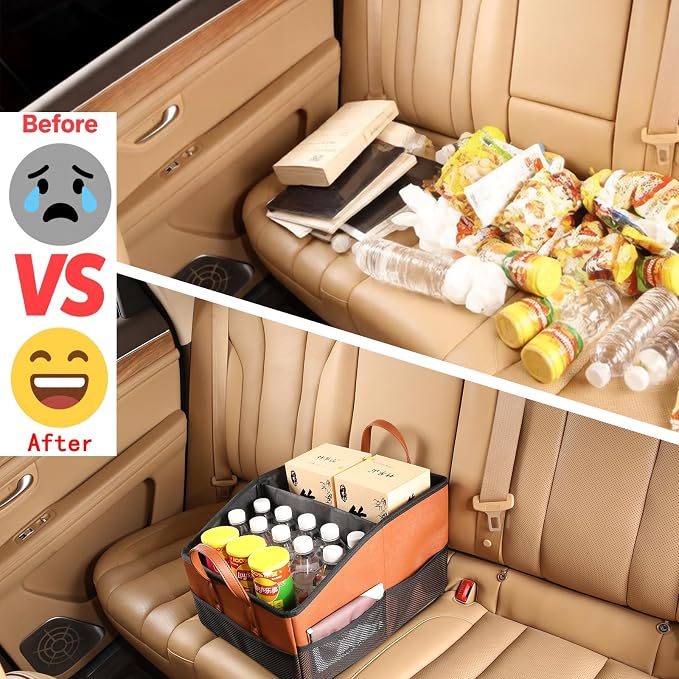 Collapsible Car Seat Organizer with 9 Compartments, Folds Flat, Brown | Dividable Partitions storage with dividers & mesh pockets. Fits front/back seats. Folds flat for easy storage when not in use
