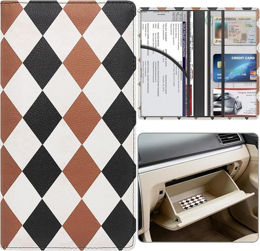 Car Registration and Insurance Holder, Premium Pu Leather Vehicle Glove Box Organizer - for Driver License, Cards & Essential Documents (L-Diamond pattern)