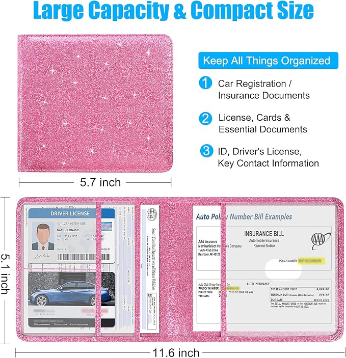 DMLuna Car Registration and Insurance Holder, Folio Leather Vehicle Card Document Glove Box Organizer, Auto Truck Compartment Accessories for Essential Information, Driver License Cards, Glitter Pink