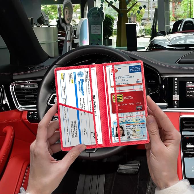 TOURSUIT Car Registration and Insurance Card Holder, Vehicle License Document Glove Box Compartment Organizer, Interior Car Accessories for Women Men (Carbon Red)