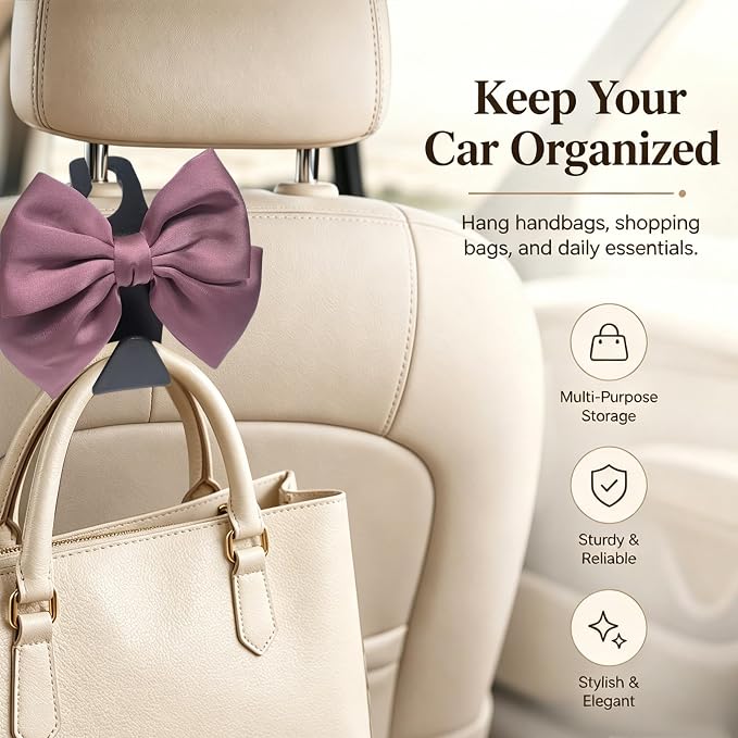 2 Pack Car Purse Hooks, Cute Bow Car Seat Headrest Hook Hanger for Purses and Bags, Space-Saving Car Accessory (Leather pink)