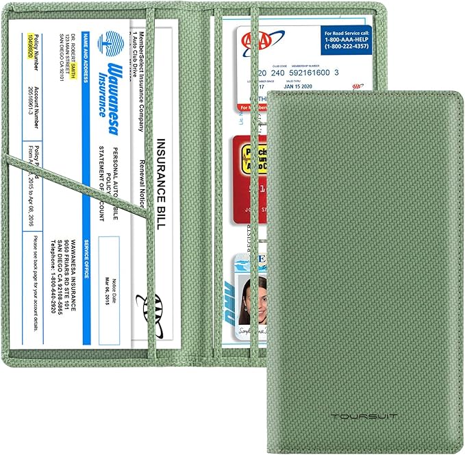 TOURSUIT Car Registration and Insurance Card Holder, Vehicle License Document Glove Box Compartment Organizer, Interior Car Accessories for Women Men (Carbon Green)