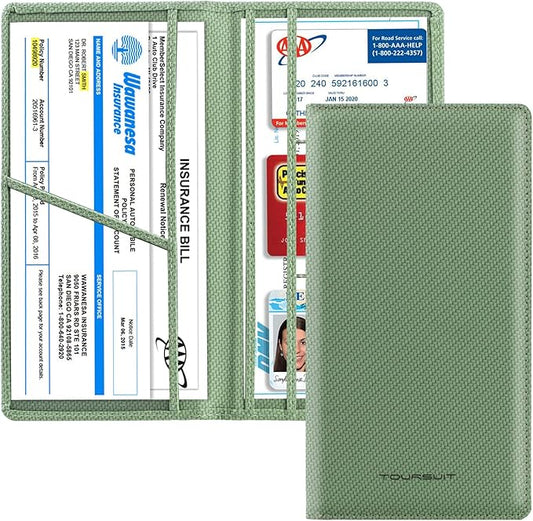 TOURSUIT Car Registration and Insurance Card Holder, Vehicle License Document Glove Box Compartment Organizer, Interior Car Accessories for Women Men (Carbon Green)