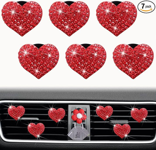 Bling Heart Air Vent Clips, 6 Pcs Red Heart Car Air Fresheners, Diamond Car Interior Decor Charm + Cute Sunflower Mask Hook