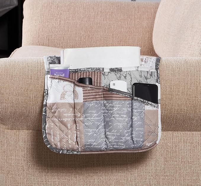 Brilliant Sunshine Latte Grey Paris and Toile Patchwork Couch Armrest Organizer, Non Slip Armchair Caddy for Sofa Recliner, Washable Remote Control Holder, Storage for Magazine, Phone, iPad(35"×13")