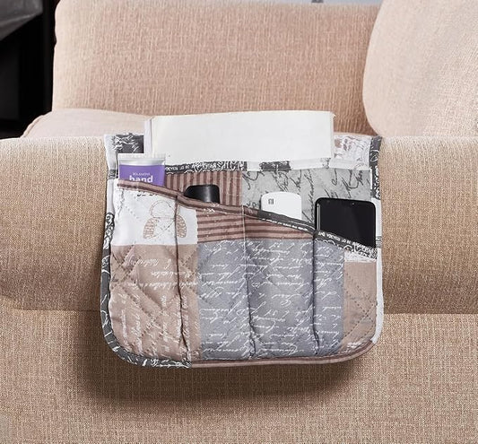 Brilliant Sunshine Latte Grey Paris and Toile Patchwork Couch Armrest Organizer, Non Slip Armchair Caddy for Sofa Recliner, Washable Remote Control Holder, Storage for Magazine, Phone, iPad(35"×13")