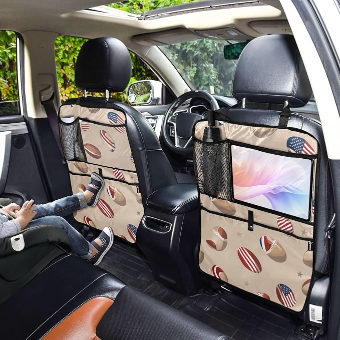 Brown Football and Flag 2 Pack Backseat Car Organizer with Storage Pockets Seat Back Organizers for Kids Kick Mats Backseat Protector Automotive