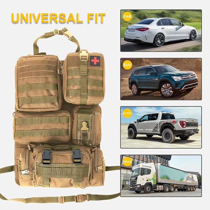 Universal Tactical Seat Back Organizer Vehicle Molle Panel Organizer Storage Bag with 5 Detachable Molle Pouch for All Vehicel Such as Jeep,Truck,SUV, Car, Ford,Chevy etc