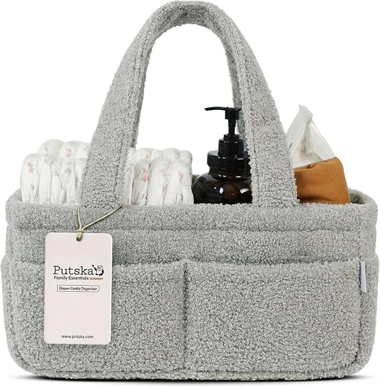 PUTSKA Baby Diaper Caddy Organizer for Changing Table – Stylish Nursery Storage Basket, Newborn Essentials, Baby Shower Gifts and Registry Must-Haves for Boy or Girl, Car Diaper Caddy, Fleece Grey