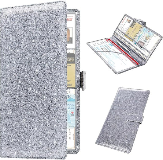 RSAquar Car Registration & Insurance Holder - Leather Glove Box Organizer, Cool Accessories for ID, Driver's License Cards & Essential Documents, Men & Women, Glitter Gray