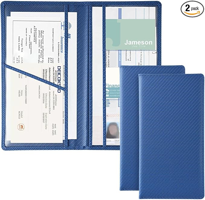 JUSTTOP 2Pack Car Registration and Insurance Holder,Car Document Holder for Cards License with Magnetic Shut,Vehicle Glove Box Car Organizer for Documents, Cards, License(Carbon Fiber Blue)