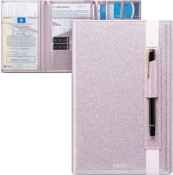 VULKIT Car Registration and Insurance Card Holder Vehicle for Women Glove Box Organizer Leather Tri-fold Design for Car Keys, ID Holder, Essential Documents Pink