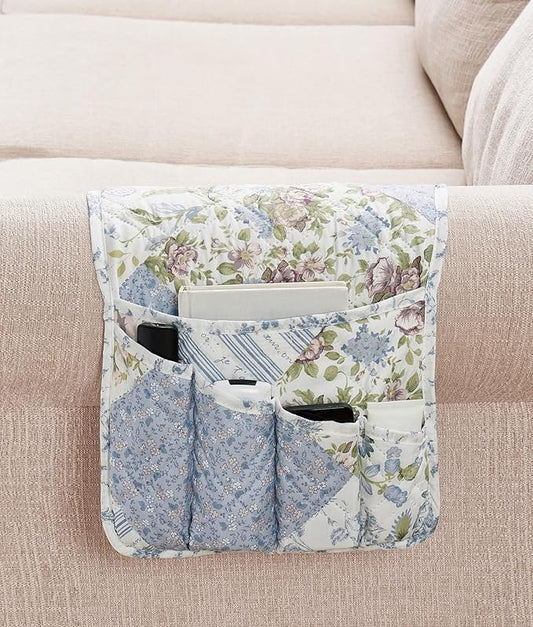 Brilliant Sunshine Blue Roses Patchwork Couch Armrest Organizer, Non Slip Armchair Caddy for Sofa Recliner, Washable Remote Control Holder, Storage for Magazine, Phone, iPad (35"×13")