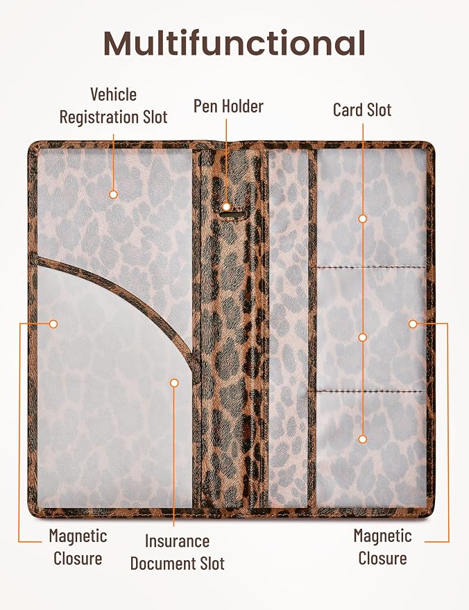 Yarnic Leopard Car Registration and Insurance Holder, Car Document Holder with Magnetic Closure, Car Organizer Vehicle Glove Box Compartment Organizer, Car wallet Case for Teens Men Women