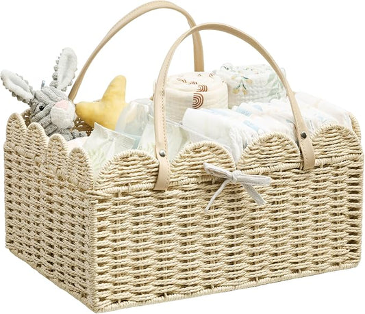 Angelhood Scalloped Paper Rope Diaper Caddy, Woven Floral Baby Diaper Organizer with Dividers for Changing Table, Nursery & Car Portable Baby Gift Basket