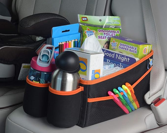Mighty Clean Car Storage Organizer - Use in The Trunk, or Front or Back Seat with 8 Side Pockets + 1 Zippered Pouch + 2 mesh Pouches + 2 Cup Holders for Toys, Books, Drinks, Tissues, Diapers & More