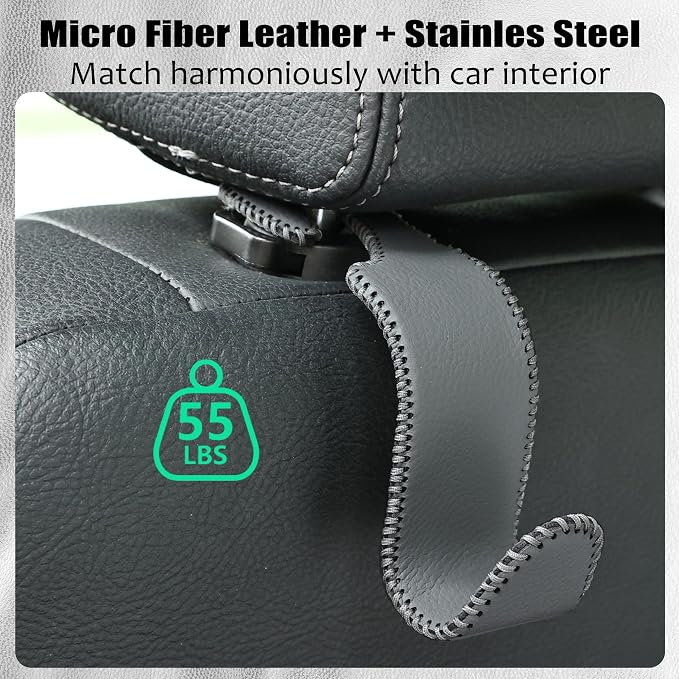 Amooca Car Seat Headrest Hook Universal Vehicle Storage Hanger Leather with Metal Car Seat Back Organizer for Handbag Purse Coat Grey 2 Pack