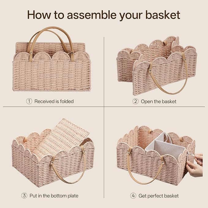 Angelhood Scalloped Paper Rope Diaper Caddy, Woven Floral Baby Diaper Organizer with Dividers for Changing Table, Nursery & Car Portable Baby Gift Basket