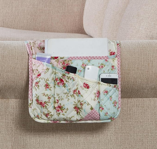 Brilliant Sunshine Pink and Green Roses Patchwork Couch Armrest Organizer, Non Slip Armchair Caddy for Sofa Recliner, Washable Remote Control Holder, Storage for Magazine, Phone, iPad (35"×13")