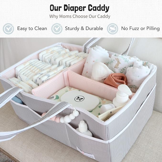 Lily Miles Baby Diaper Caddy - Organizer Tote Bag for Baby Girl Essentials - Baby Shower Basket - Nursery Must Haves - Registry Favorites - Newborn Caddie Car Travel - Gray/Blush, Extra Large