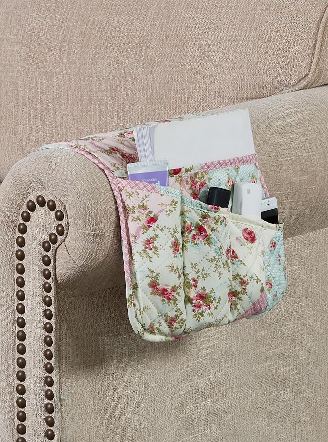 Brilliant Sunshine Pink and Green Roses Patchwork Couch Armrest Organizer, Non Slip Armchair Caddy for Sofa Recliner, Washable Remote Control Holder, Storage for Magazine, Phone, iPad (35"×13")
