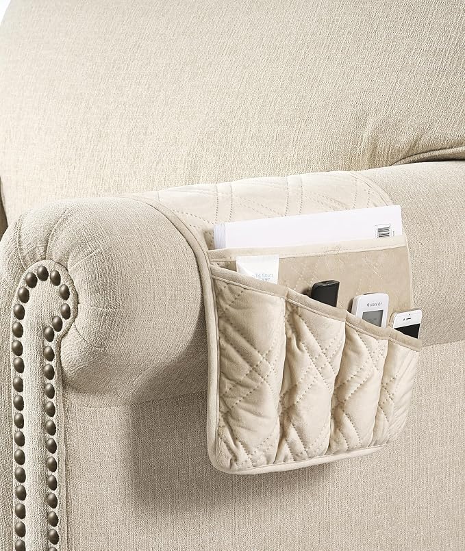 Brilliant Sunshine Beige Velvet Couch Armrest Organizer, Non Slip Armchair Caddy for Sofa Recliner, Washable Remote Control Holder, Storage for Magazine, Tablet, Phone, iPad (35"×13")