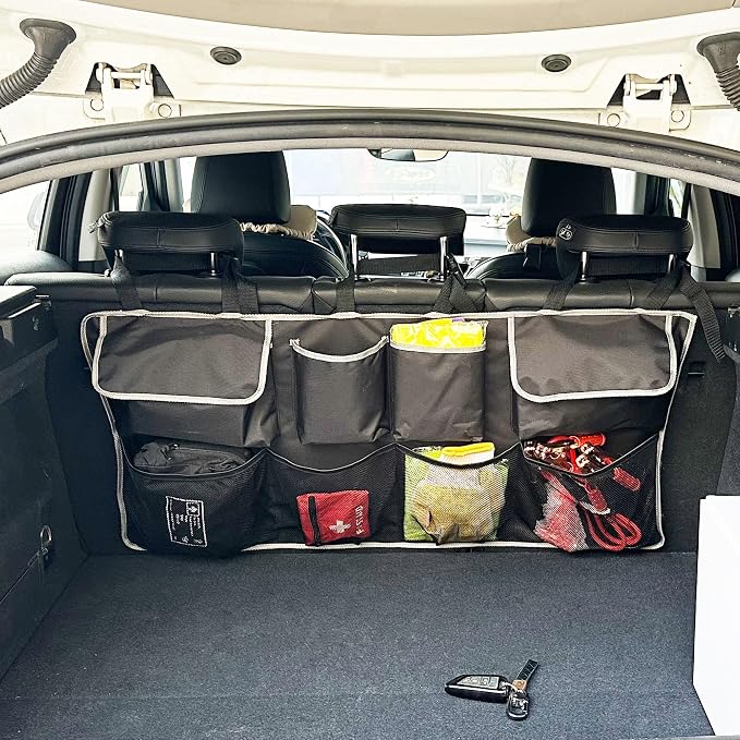 Car Back Seat Trunk Organizer Hanging Bag, Car Interior Organizer Accessories with 4 Pockets and 4 Mesh Pouches,Save More Storage Trunk Space for SUV,Jeep,MPV