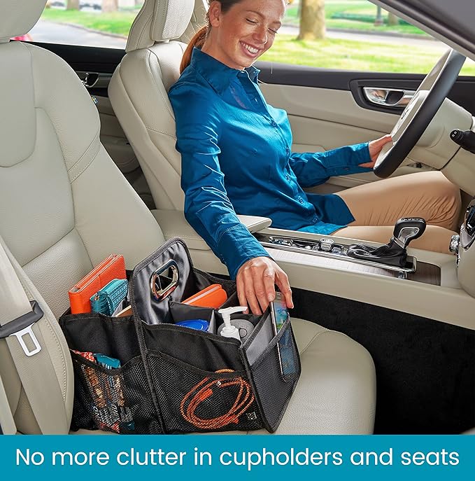High Road Car Caddy with Cup Holders - Front Seat Organizer for Drivers or Back Seat Organizer for Kids - Portable Car Organizer with Easy One-Handed Carry Handle