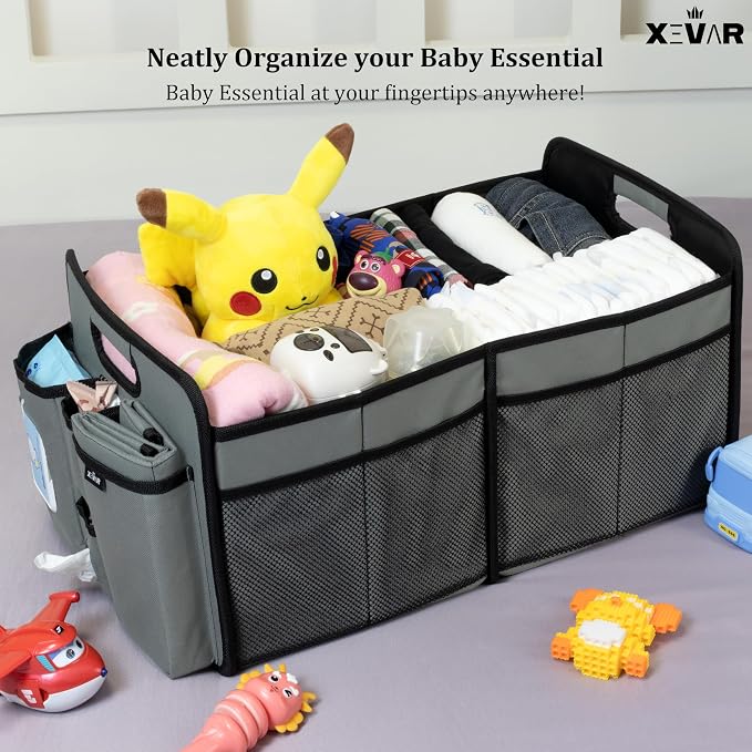 Baby Diaper Caddy Organizer with Changing Mat - Portable Car Caddy for Newborn Essentials, Diapers & Wipes, Perfect for Baby Shower and New Mom | Oxford Fabric, Grey