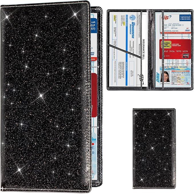 TOURSUIT Car Registration and Insurance Card Holder, Vehicle License Document Glove Box Compartment Organizer, Interior Car Accessories for Women Men (Glitter Black)
