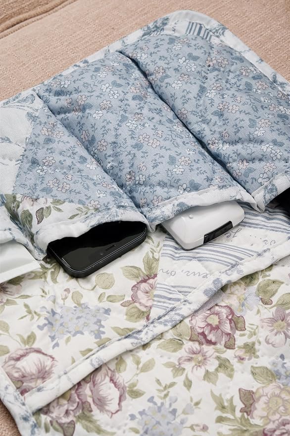 Brilliant Sunshine Blue Roses Patchwork Couch Armrest Organizer, Non Slip Armchair Caddy for Sofa Recliner, Washable Remote Control Holder, Storage for Magazine, Phone, iPad (35"×13")