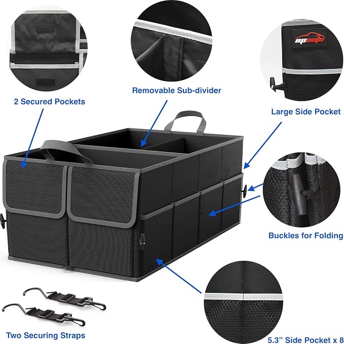 EPAuto Foldable Car Trunk Organizer, 3-Compartment with Removable Divider, Black