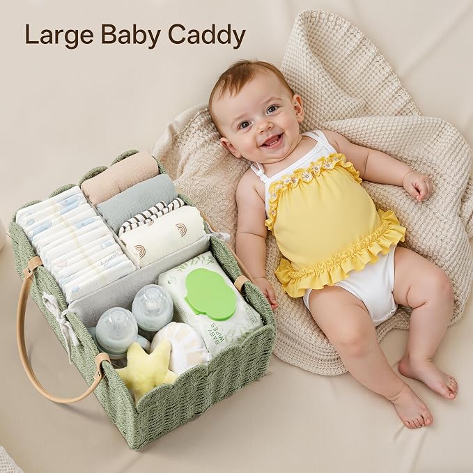 Angelhood Scalloped Paper Rope Diaper Caddy, Woven Floral Baby Diaper Organizer with Dividers for Changing Table, Nursery & Car Portable Baby Gift Basket