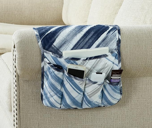 Brilliant Sunshine Blue Grey Stripe Blocks Patchwork Couch Armrest Organizer, Non Slip Armchair Caddy for Sofa Recliner, Washable Remote Control Holder, Storage for Magazine, Phone, iPad (35"×13")