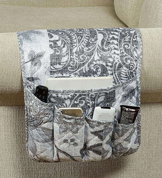 Brilliant Sunshine Multi Grey Flowers Patchwork Couch Armrest Organizer, Non Slip Armchair Caddy for Sofa Recliner, Washable Remote Control Holder, Storage for Magazine, Phone, iPad (35"×13")