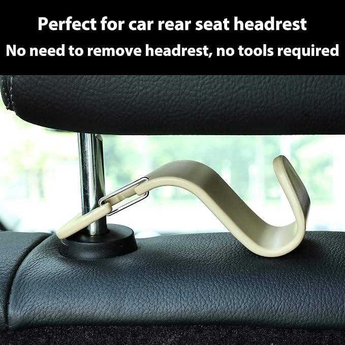 4-Pack 360° Rotating Car Headrest Hooks Vehicle Storage Organizer for Purses Handbags Groceries Coats – Holds 55lbs Simple Design with Clip Beige