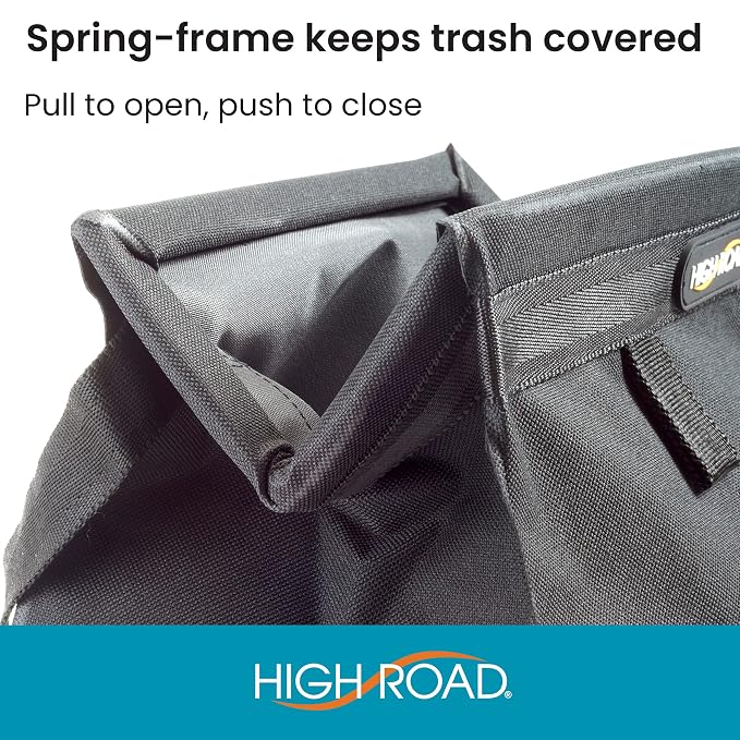 High Road Car Organizer with Car Trash Bag and Tissue Holder - Holds Full Size Tissue Box, Bottles and Wipe Containers - 2 Gal Leakproof Covered Car Trash Can with Push-Close Lid