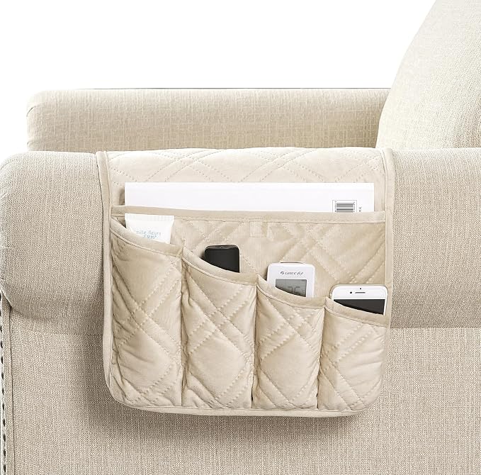 Brilliant Sunshine Beige Velvet Couch Armrest Organizer, Non Slip Armchair Caddy for Sofa Recliner, Washable Remote Control Holder, Storage for Magazine, Tablet, Phone, iPad (35"×13")