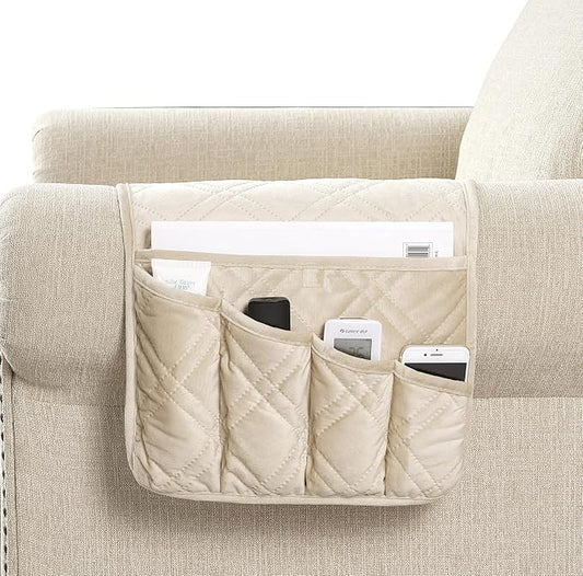 Brilliant Sunshine Beige Velvet Couch Armrest Organizer, Non Slip Armchair Caddy for Sofa Recliner, Washable Remote Control Holder, Storage for Magazine, Tablet, Phone, iPad (35"×13")